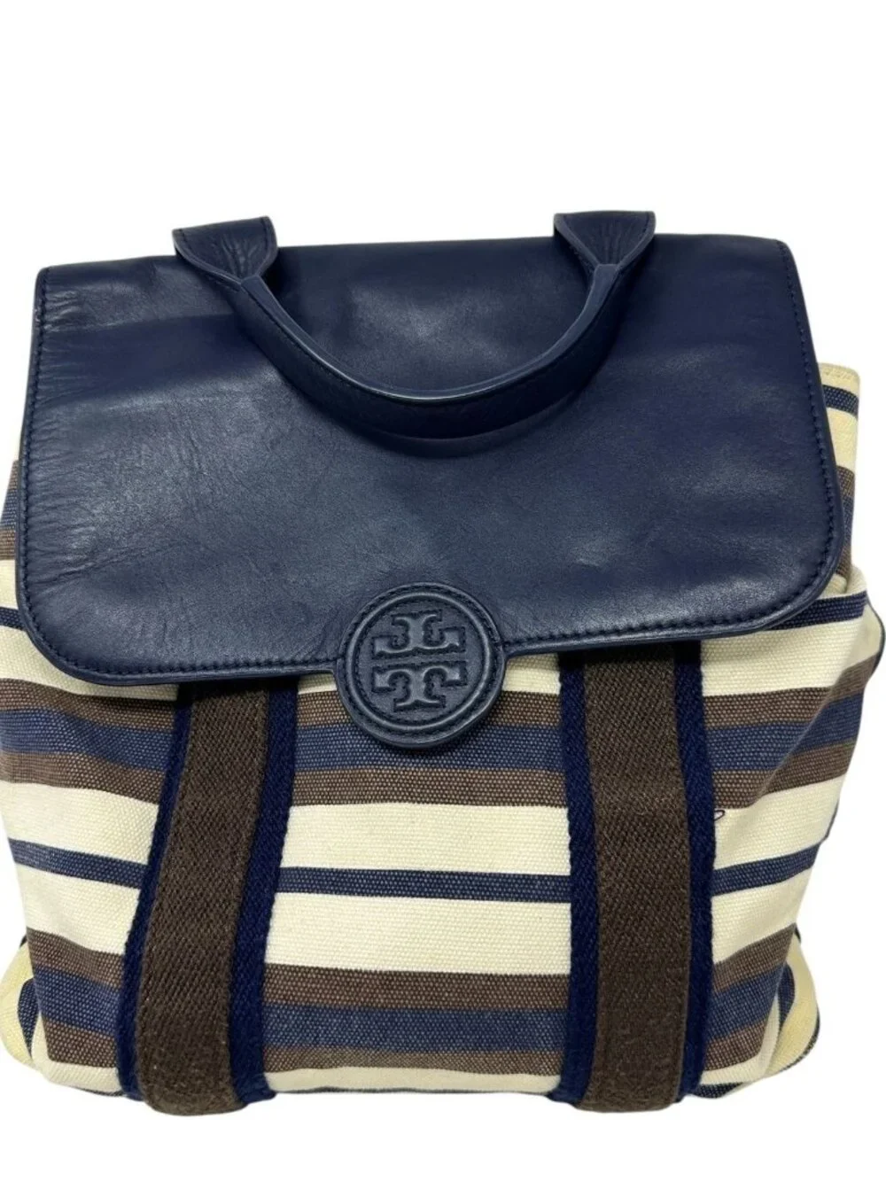 Tory Burch Kerrington Striped Canvas Backpack Leather Trim Preppy Travel